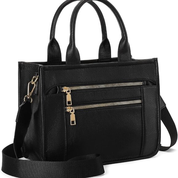 Black PU Leather Tote Bag for Women, Multi-Pocket, Travel-Compatible - Picture 1 of 8